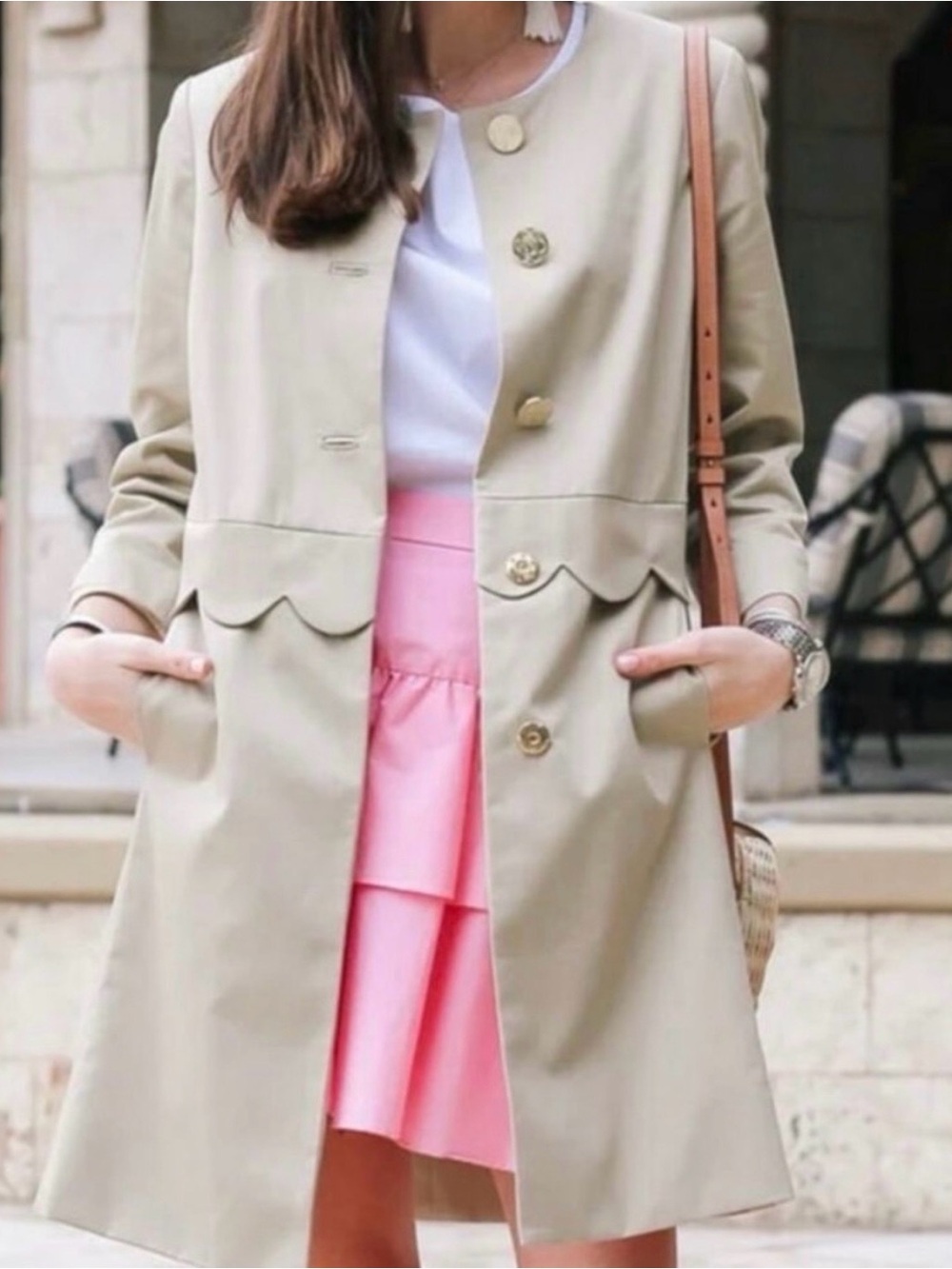 Draper James Cream Scalloped Waist Trench Coat
